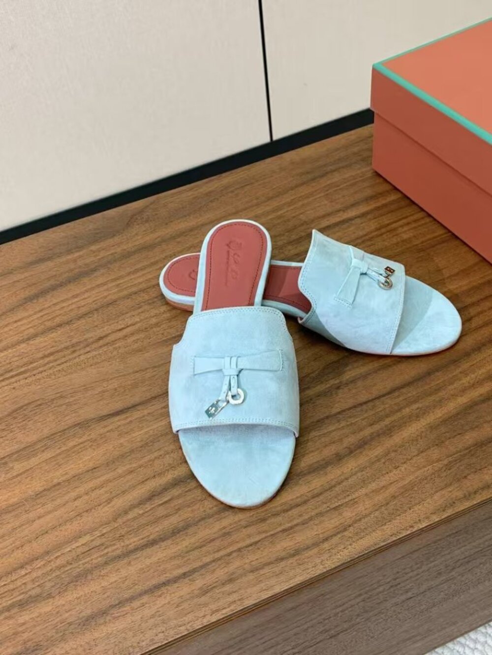 Loro Piana Light Baby Blue Suede Flat Slide Sandals Bow Gold Hardware - Picture 4 of 6